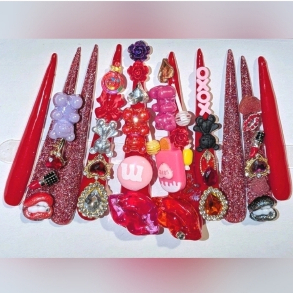 Red and Pink Decorative 4xl Acrylic Press On Nail Set Sz Medium